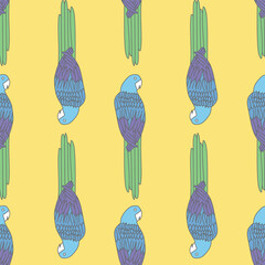 Vector Yellow Tropical Parrots birds seamless background pattern