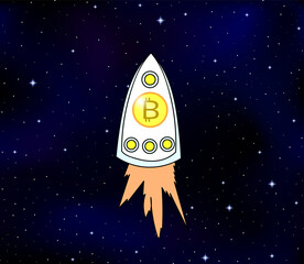 Vector rocket with the sign of bitcoin flying up in deep space