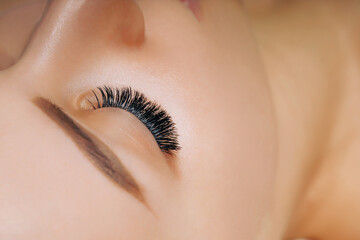 Eyelash Extension Procedure. Woman Eye with Long Eyelashes. Close up, selective focus. - 469376971