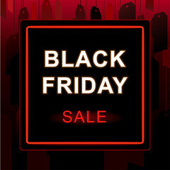 Vector illustration black Friday, banner, poster. Abstract background, neon light. Many price tags.