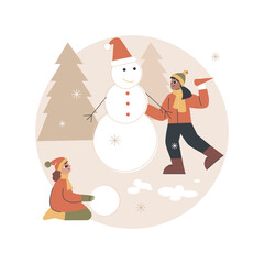 Building a snowman abstract concept vector illustration. Fun activity, winter season entertainment, Christmas holiday, building with snow, create snowman, family outdoor leisure abstract metaphor.