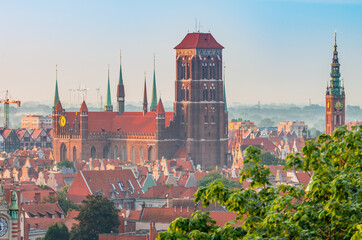 Obraz premium Gdansk, Poland, morning view of the historical city center with St Mary's church