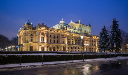 Slowackiego Theater in Krakow, Poland, snowy winter night