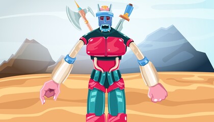 Warlike robot on background of mountains and nature. Vector illustration