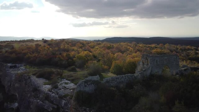 Ruins of the Mangup fortress in the Bakhchisarai district of Crimea. Flight around the fortress
