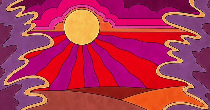 A sixties style groovy psychedelic pop art landscape background with wavy abstract trees, clouds, sun, rays, and rolling hills. Deep red and purple color palette and saturated hues.