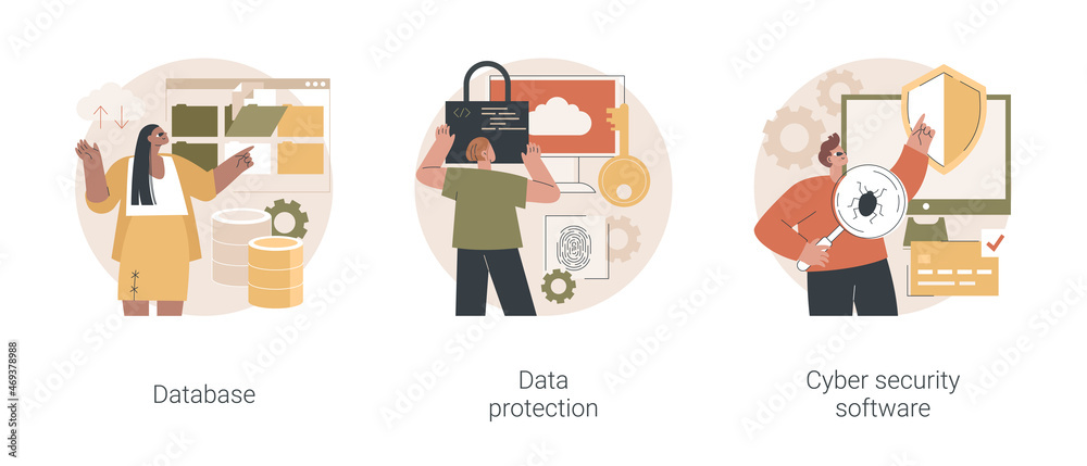 Poster cloud computing network safety abstract concept vector illustration set. database data protection, c