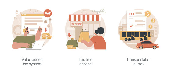 Taxation control abstract concept vector illustration set. Value added tax system, tax free service, transportation surtax, retail good purchase, refunding VAT, transit service fee abstract metaphor.