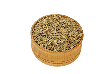 Dry cumin seeds or zira spices from wooden spice jar, for preparation savory tasty food.. - 469379367