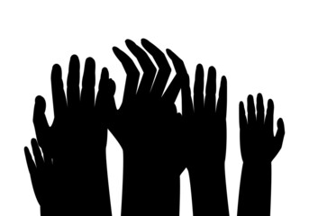 Silueta negra de manos pidiendo ayuda sobre fondo blanco. Socorro. Pobreza. Refugiados pidiendo ayuda. Crisis humanitarias