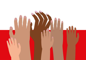 Obraz premium Grupo de personas pidiendo ayuda con las manos a Polonia. Refugiados pidiendo ayuda a Polonia.. Manos sobre la bandera de Polonia. Crisis humanitarias