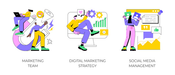 Fototapeta na wymiar Digital marketing strategy abstract concept vector illustration set. Marketing team, social media management, SMM, brand insight, campaign strategy development, online channels abstract metaphor.