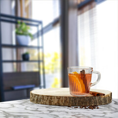 Desk of free space and hot mulled on table 