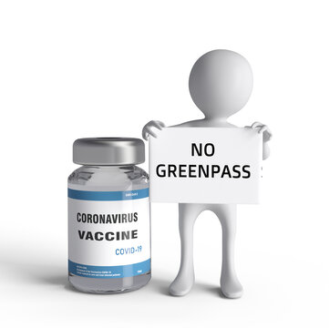 Little man holding sign with No GreenPass text near Covid-19 vaccine