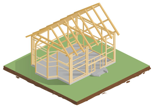 Vector illustration of a house construction stage. Wire-frame of a wooden house. Isometry