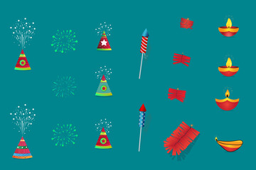 Vector illustration of colorful firecracker with diya lamps set for Diwali holiday fun