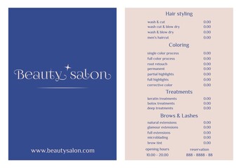 Vector Illustration sticker business card for beauty salon with web site pricelist and special offer adress opening hours and phone number for reservation. Modern style