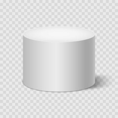 White realistic cylinder with shadow isolated on transparent background. Mockup template for your design. Concept for advertising or presentation. 3d Vector illustration