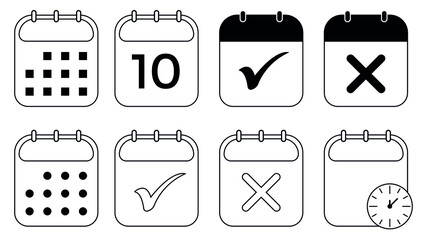 Calendar vector icons collection. Calendar symbols set. Icon of meeting deadlines, time management, tasks of the day. Editable Stroke