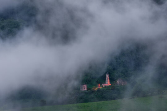 Lower Ozdik medieval tower complex has the 4 level combat tower and the residential buildings, a few crypts are located on the mountain range nearby. Ingush combat towers were designed for defence.