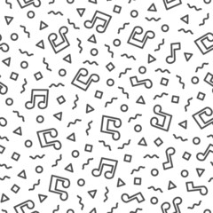 Obraz premium Black and white linear vector background. Seamless pattern with musical notes for wrapping paper, wallpapers, podcast and online radio banners