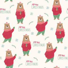 Handdrawing digital watercolor illustration Christmas pattern bear