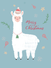 Hand drawing digital watercolor illustration Christmas lama. Christmas White lama. Christmas card