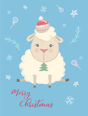 Handdrawing digital watercolor illustration lamb. Christmas sheep. Christmas Lamb on lovely Christmas background