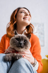 low angle view of blurred cheerful woman sitting with furry cat at home