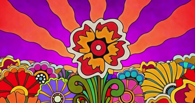 A pop art sixties or seventies style flower quickly grows and blooms in a bed of flowers with a background of wavy sun rays. Trippy, funky, groovy psychedelic pen and watercolor style animation.