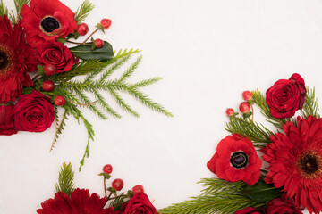 Floral flat lay with red anemones  and fir holiday branches