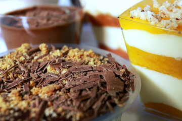 Chocolate on the cake. Mango dessert. 
