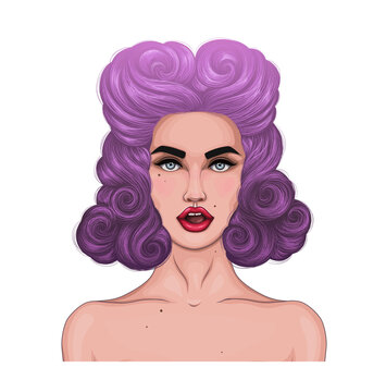 Vector color portrait shocked pin up girl with open mouth in surprise. Beauty Woman with clean healthy skin. Fashion model with retro hairstyle , purple and violet wavy hair. Design print on t-shirt
