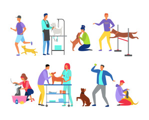 Set of illustrations of dogs with people, at the groomer, washes, plays, at the vet, at the competition, the love of the owner and the pet. Vector flat illustration.
