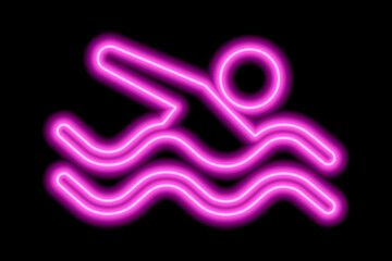 Neon pink silhouette of freestyle swimmer with waves on black background