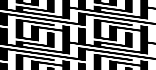 Black white striped seamless pattern. Abstract geometric background. Maze, labyrinth ornament. Op art, optical illusion. Vector texture.