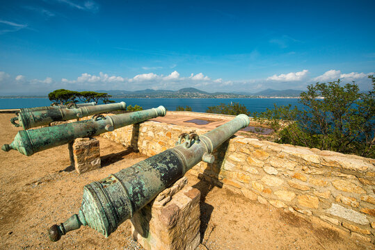 Historical cannons of the citadel above the bay of Saint-Tropez - Departement Var, Côte d‘Azur, St-Tropez, France