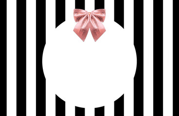 Gift wrap design template in classic style. Rose gold colored tied bow with copy space on striped backdrop