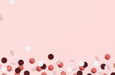 Confetti. Design template for posters and card with copy space. Gold shining round decor on light pink backdrop