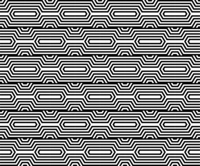 Futuristic technologic background by elements of hexagon. Black white striped seamless pattern. Op art, optical illusion. Vector texture.