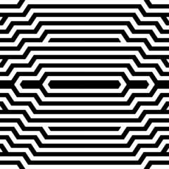 Futuristic technologic background by elements of hexagon. Black white striped seamless pattern. Op art, optical illusion. Vector texture.