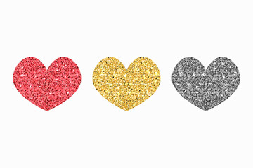 Glitter hearts vector set. Silver, gold and red colors with glowing effect. Design shiny love symbols elements isolated. Collection of heart shapes to Valentines day or wedding