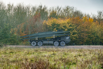 British army Alvis unipower 8x8 tank bridge transporter in action on a military exercise, Salisbury Plain, UK