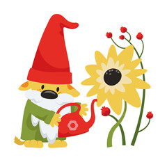 Dog gnome watering flowers. Fairytale character in cartoon style