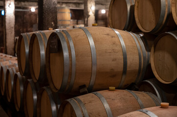 Keeping for years of dry red wine in new oak barrels in caves in Burgundy, made from pinot noir grape