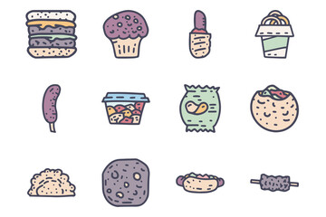 Fast food color vector doodle simple icon set