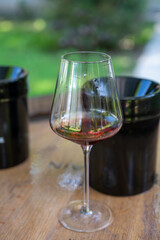Tasting of dry burgundy red wine made from pinot noir  grapes, wine tourisme to Burgundy Cote de Nuits wine region, France
