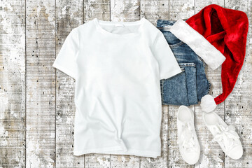 White unisex tshirt shirt mockup Fashion flatlay Christmas decoration