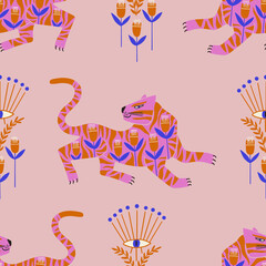 Boho seamless pattern with folk art tigers