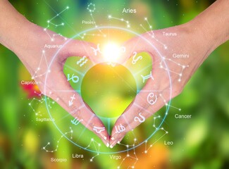 The hands are the heart shape with the sun light passing through the hands have astrological symbols